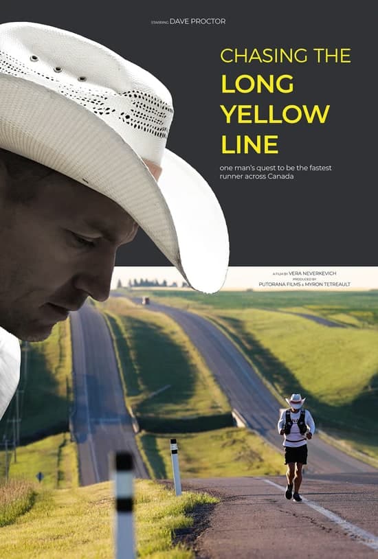 Poster for the documentary Chasing the Long Yellow Line, showing Dave Proctor running a Canadian highway
